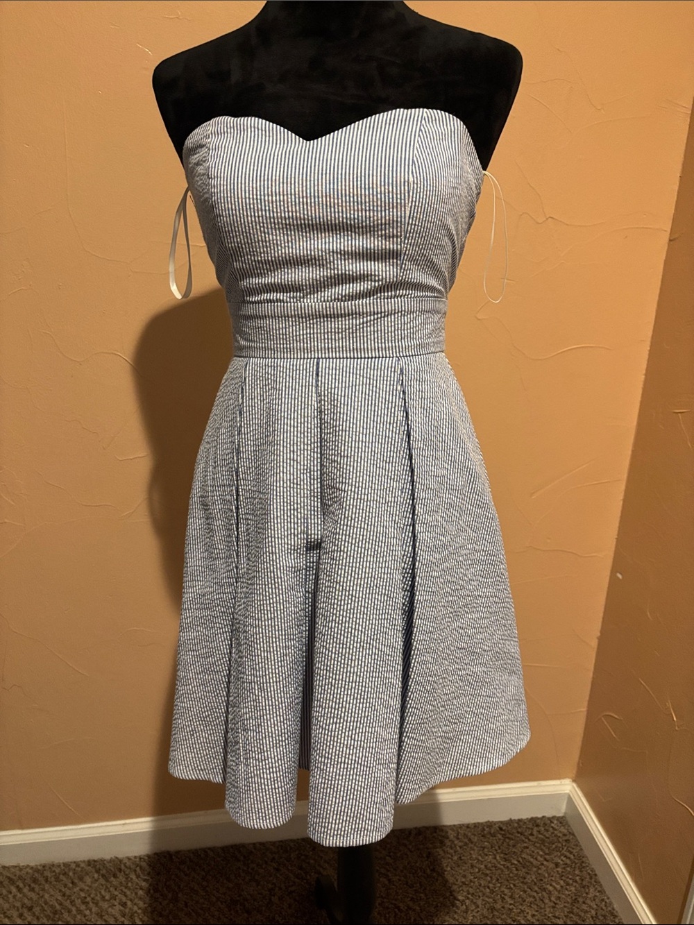 Lauren James Strapless Blue & White Seersucker Fit-and-Flare Dress
